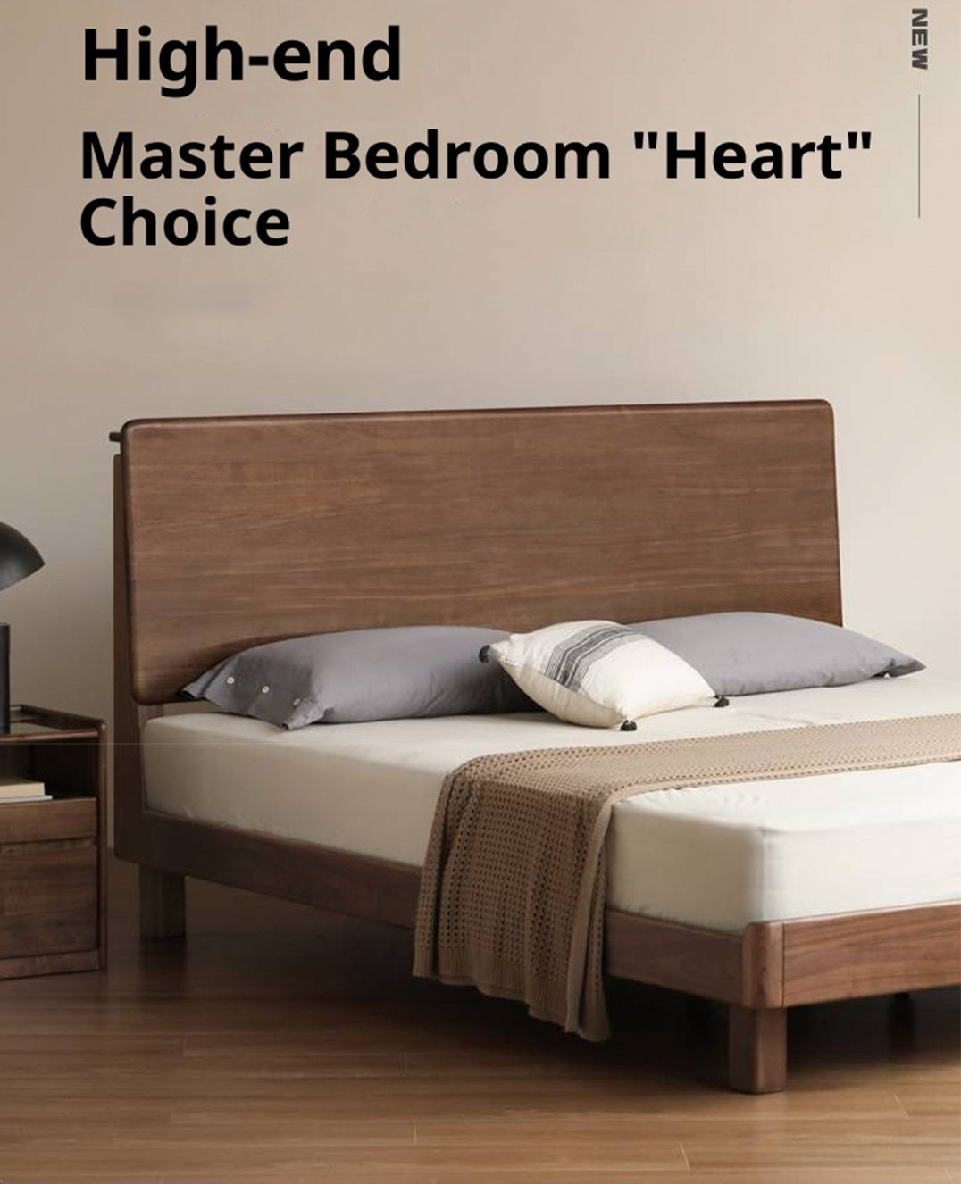 Black Walnut, Teak Solid Wood Bed with High Headboard