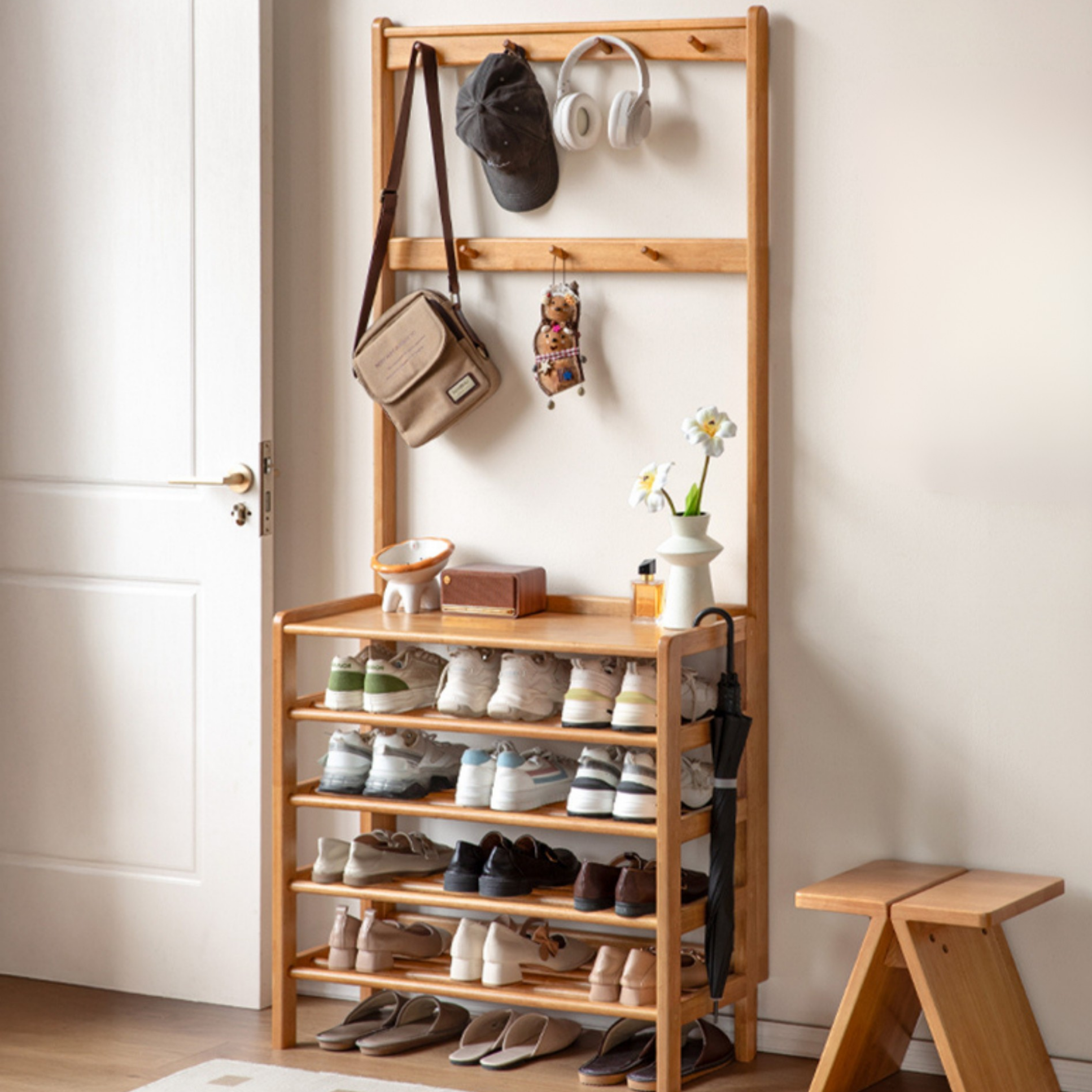 Solid RubberWood Multi-Tiered Shoe Rack For Shoes, Clothes And Hats