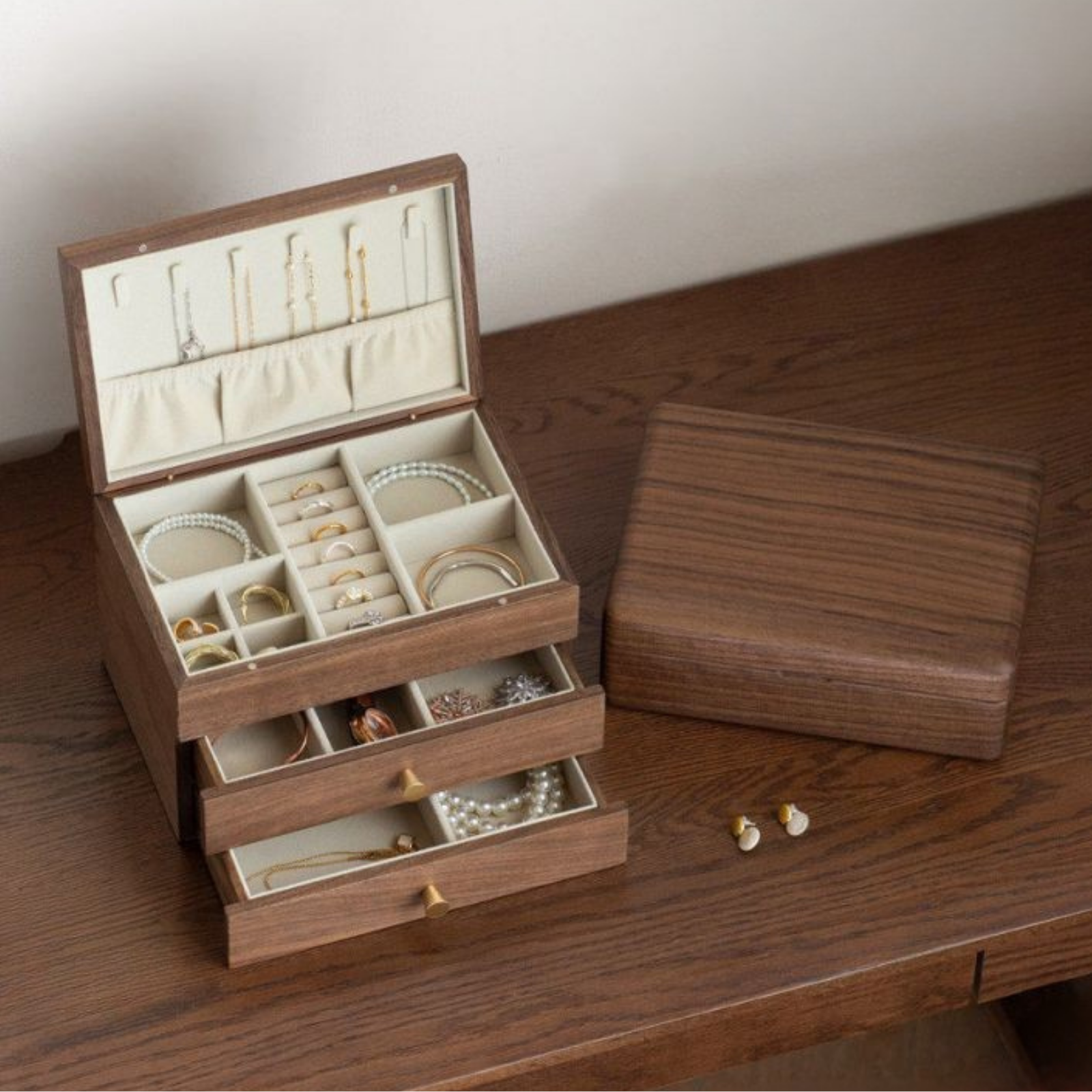 Black Walnut Solid Wood Jewelry Box with Large Capacity for Earrings and Necklaces