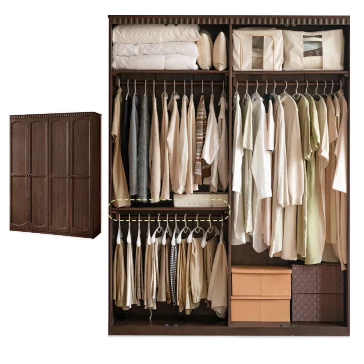 Ash Solid Wood Traditional 4-Door Armoire with Raised Panel Doors and Crown Molding