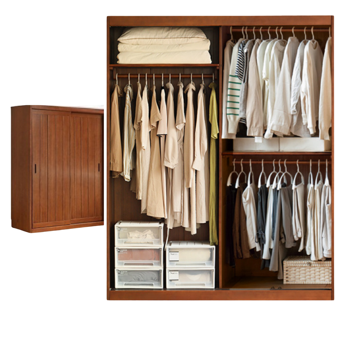 Poplar, Tulipwood Solid Wood Wardrobe Retro Sliding Door Wardrobe