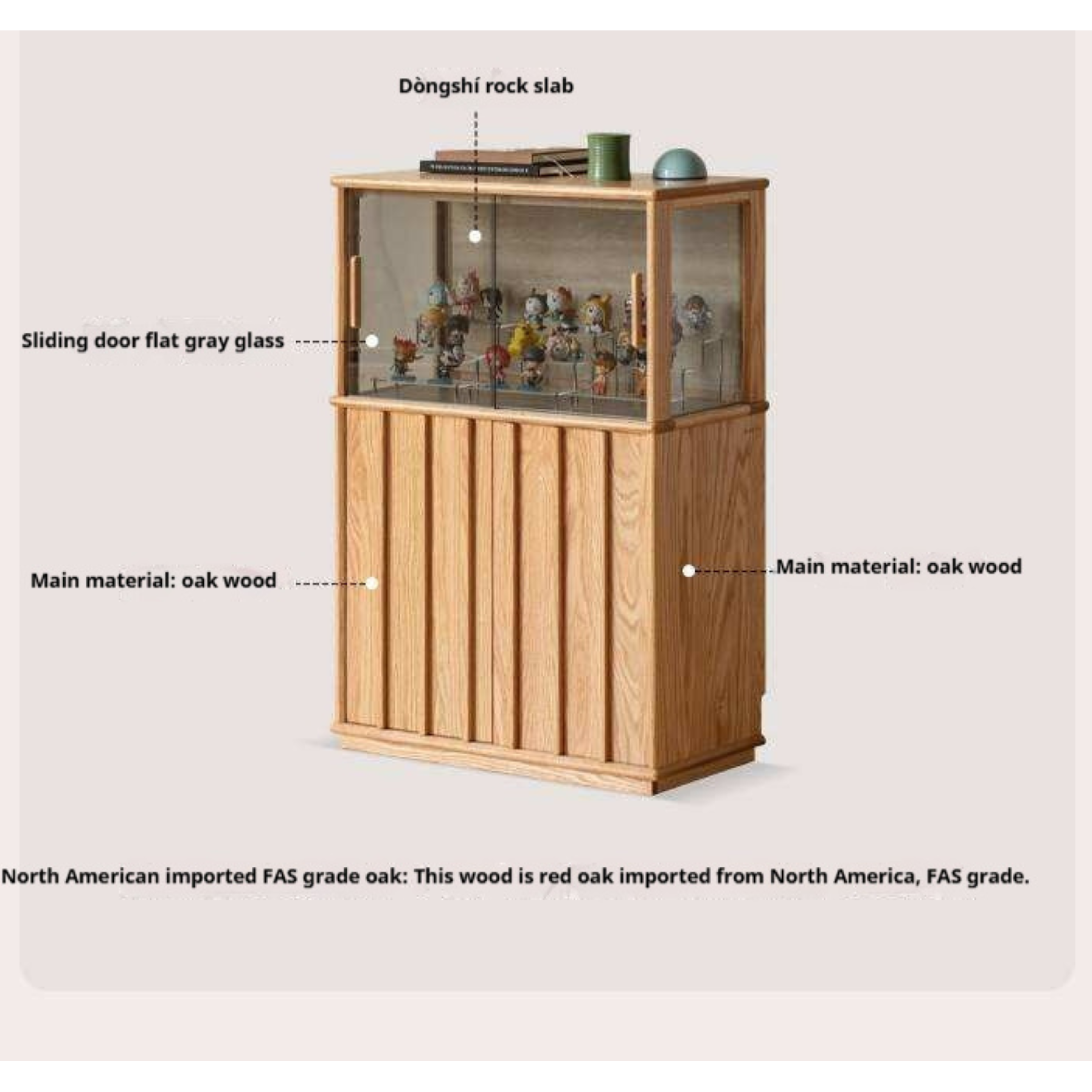 Oak Solid Wood Lighted Display Cabinet with Glass Door and Fluted Wood Panels