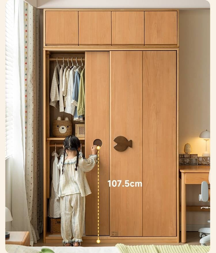 Beech Solid Wood Kids Sliding Door Wardrobe with Adjustable Shelves