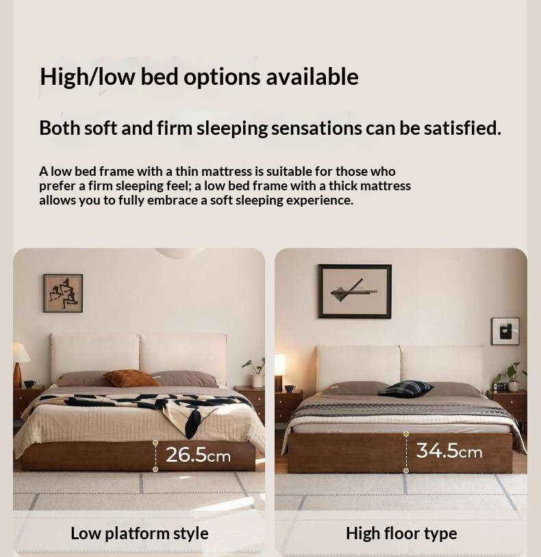 Rubberwood Solid Wood Storage Bed with Lift-Up Platform and Oversized Cushioned Headboard