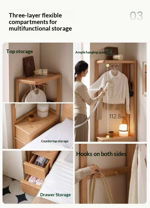 Oak Solid Wood Corner Valet Stand with Garment Rail and Storage Drawers