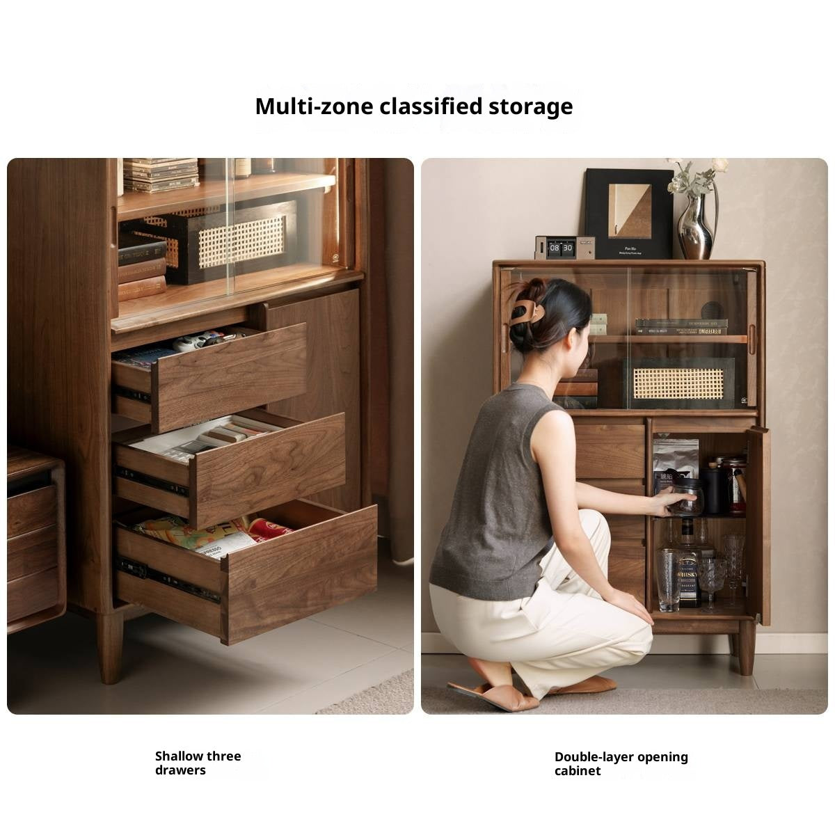 Black Walnut Solid Wood Italian Light Luxury Side Cabinet.