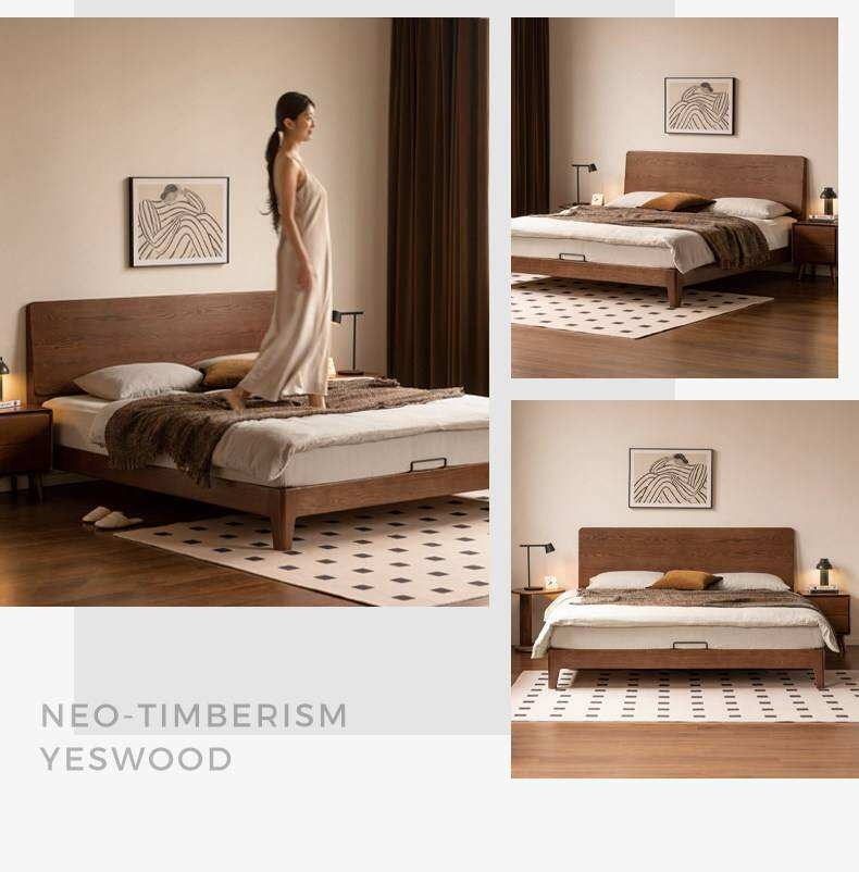 Oak Solid Wood Bed Platform Bed with Rectangular Panel Headboard and Tapered Legs