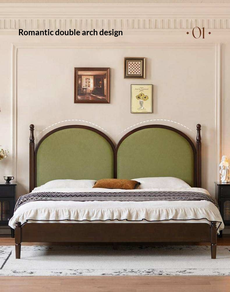 Poplar Solid Wood Bed with Double Arched Upholstered Headboard and Turned Wood Posts