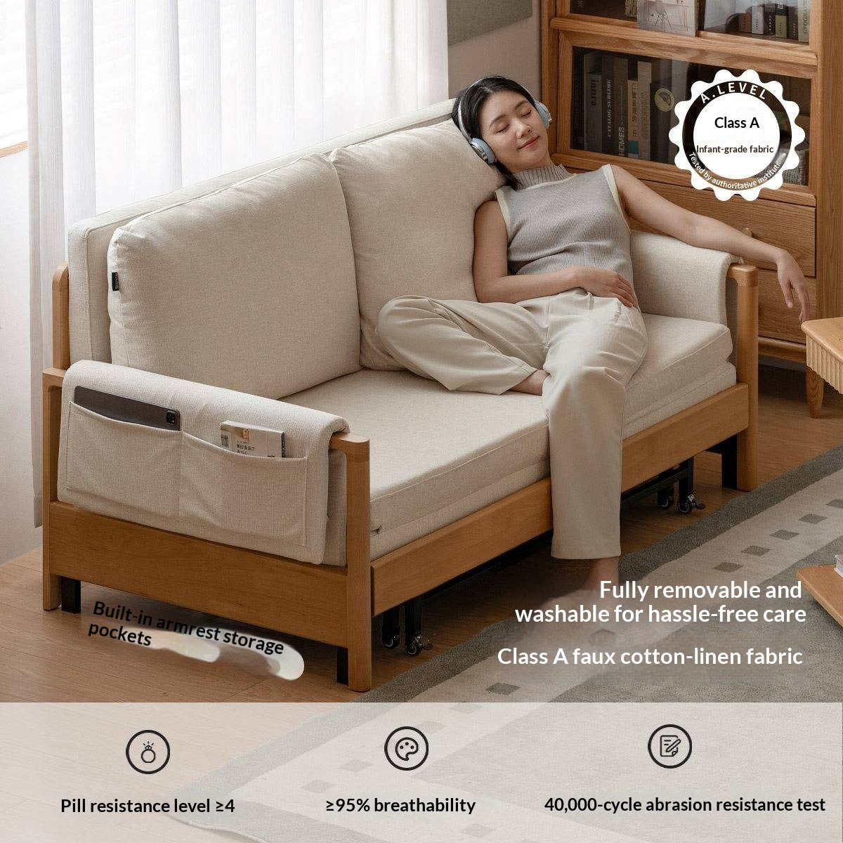 Beech Solid Wood Sleeper Sofa with Pull-Out Bed and Slatted Wood Armrests