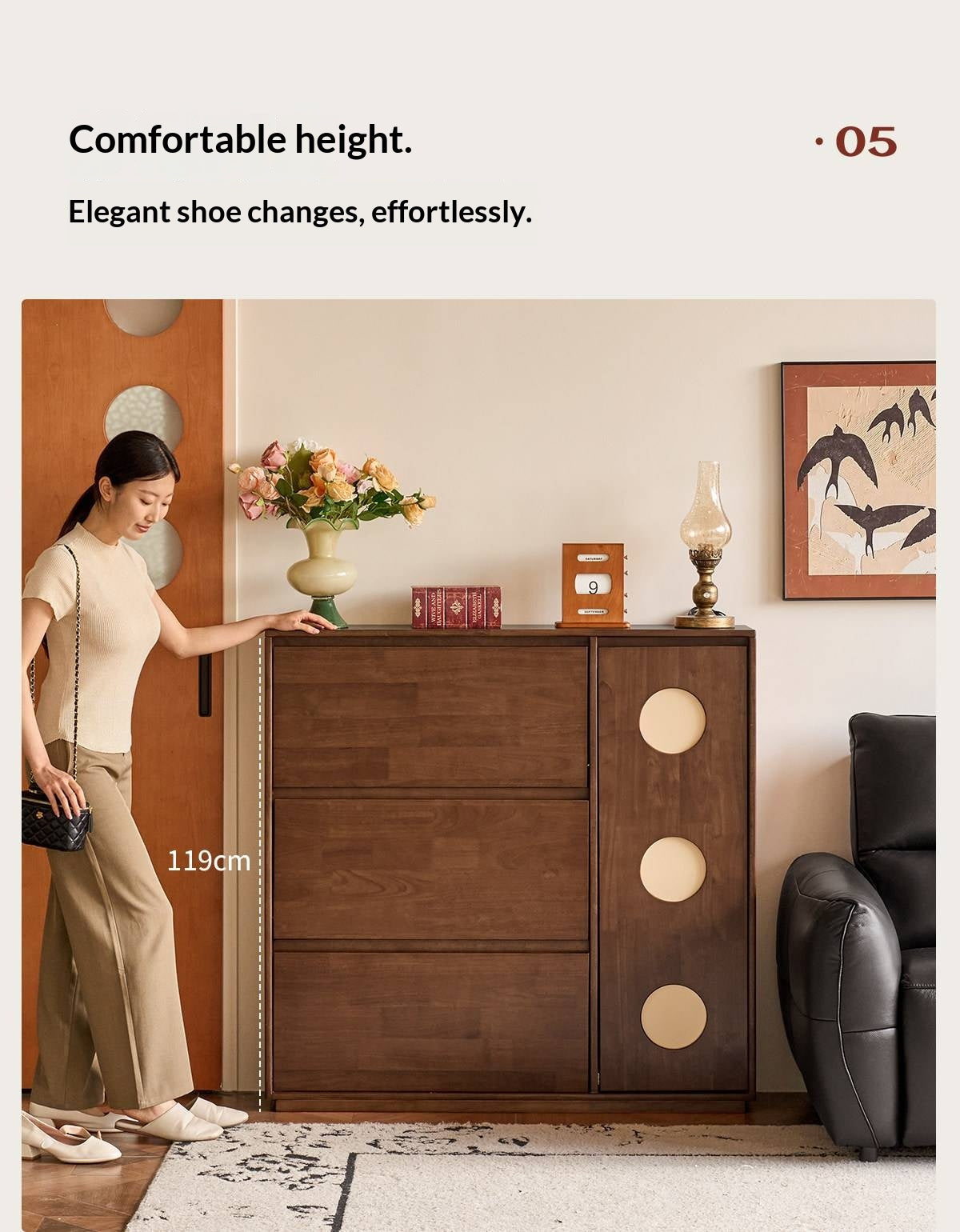 Solid RubberWood Vintage Shoe Cabinet with Flip-Down Drawers and Round Inlay Accents