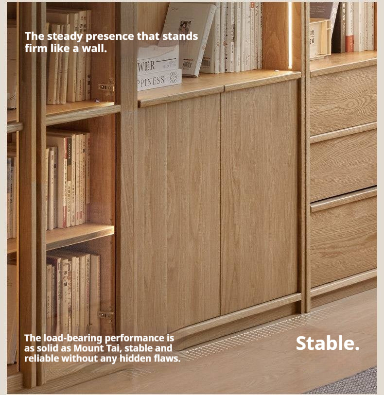 White Oak Solid Wood Bookcase and Display Cabinet with Glass Doors and Built-In Lights