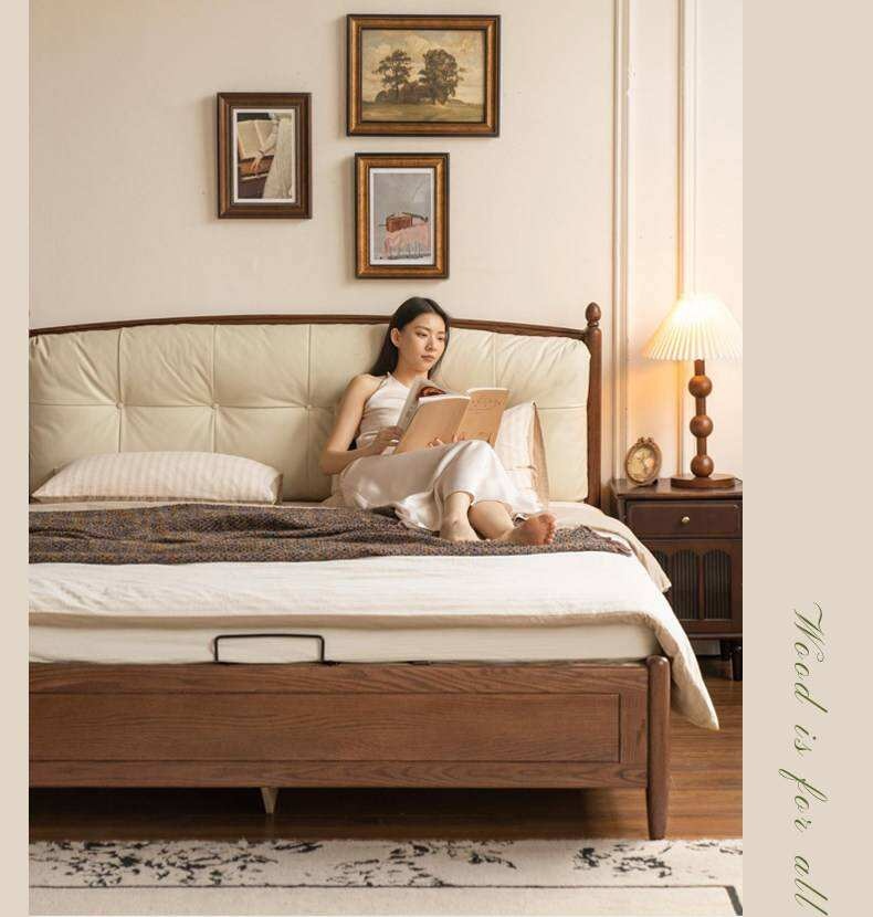 Oak Solid Wood French Country Tufted Storage Bed with Gas Lift and Turned Posts