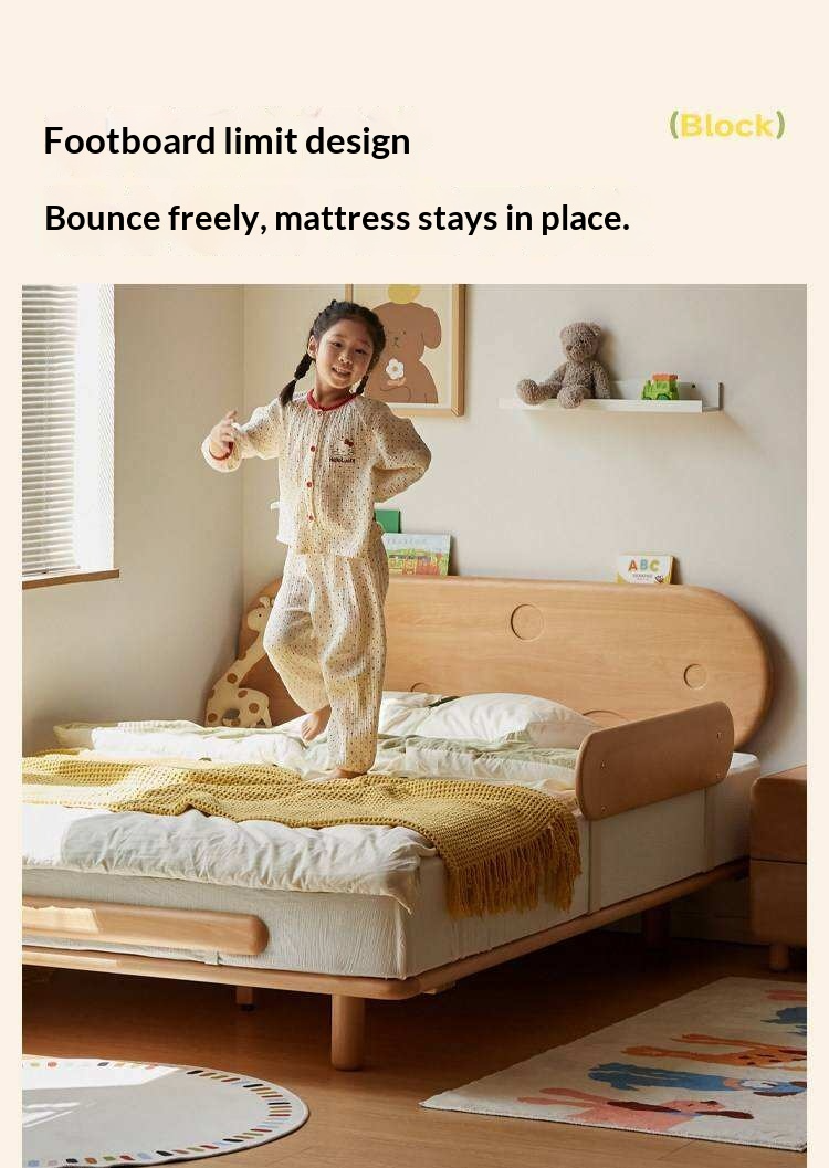 Beech Solid Wood Kids Floating Bed with Night Light and Optional Guardrails