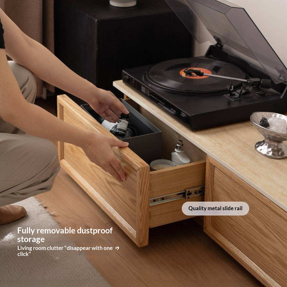 Oak Solid Wood TV Stand with Integrated Storage and Stone Top Panel