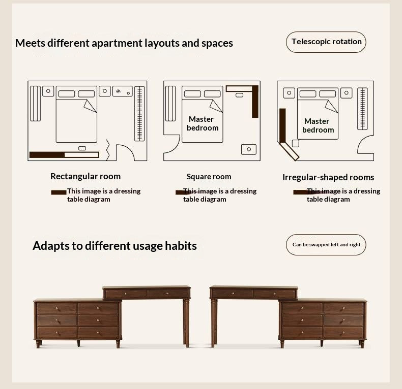 Black Walnut, Oak Solid Wood Extendable Vanity Desk and 6-Drawer Dresser Combo