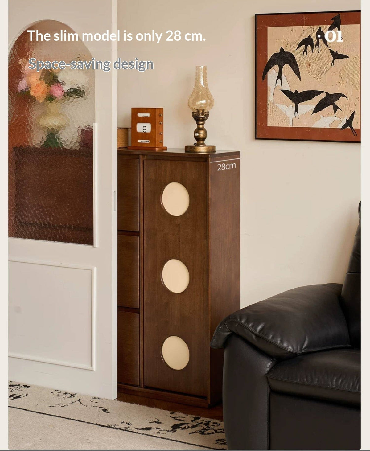 Solid RubberWood Vintage Shoe Cabinet with Flip-Down Drawers and Round Inlay Accents