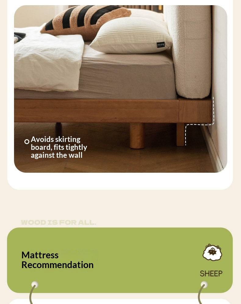 Cherry Solid Wood Upholstered Bed — Platform Bed, Headboard-Free Bed Floor Style, Simple Floating Bed