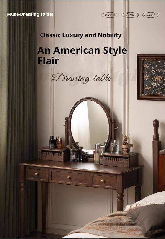 Black Walnut, Tulipwood Solid Wood Retro Style Dressing Table With Built-In Mirror