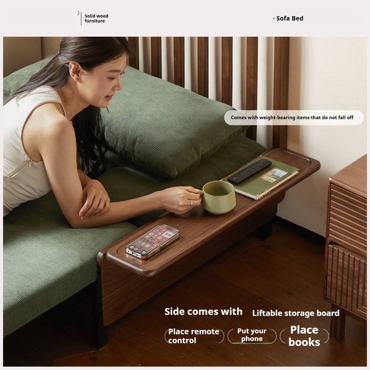 Black Walnut, Oak Solid Wood Sleeper Chair-sofa Bed with Attached Fold-Out Side Tray