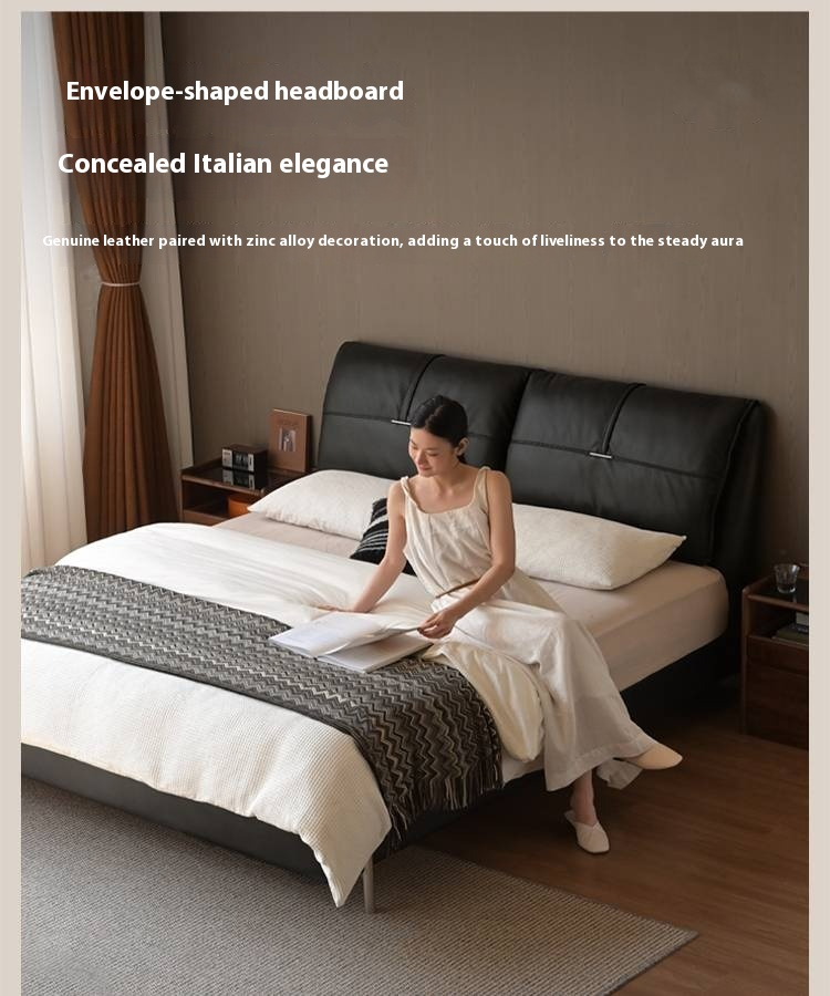Genuine Leather Italian Light Luxury Black Bed