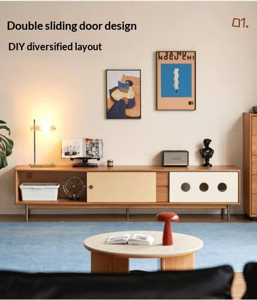 Cherry Solid Wood Bauhaus TV Stand with Color-Block Storage