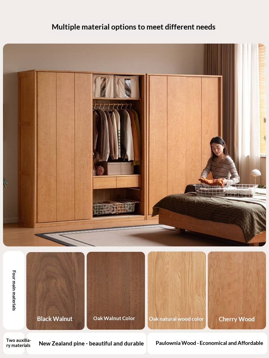 Cherry Wood Sliding Door Wardrobe Armoire with Hanging Rod and Shelves