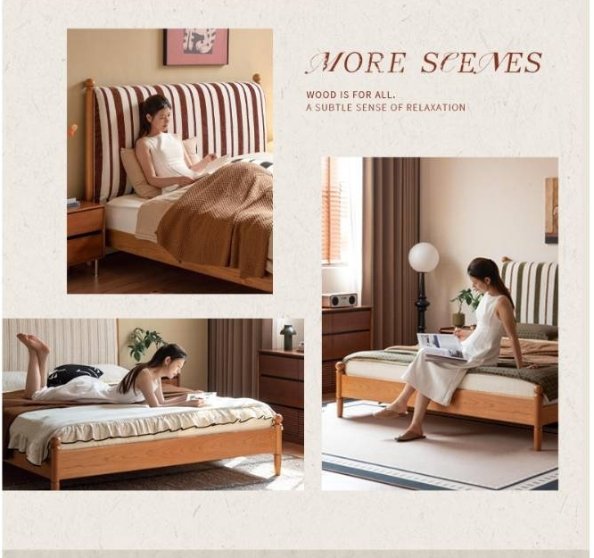 Cherry Solid Wood Fabric Upholstered Bed