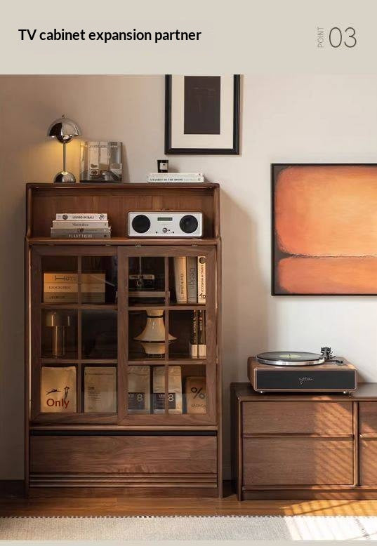 Black Walnut, Oak Solid Wood Bookcase with Storage Cabinet and Built-In Light