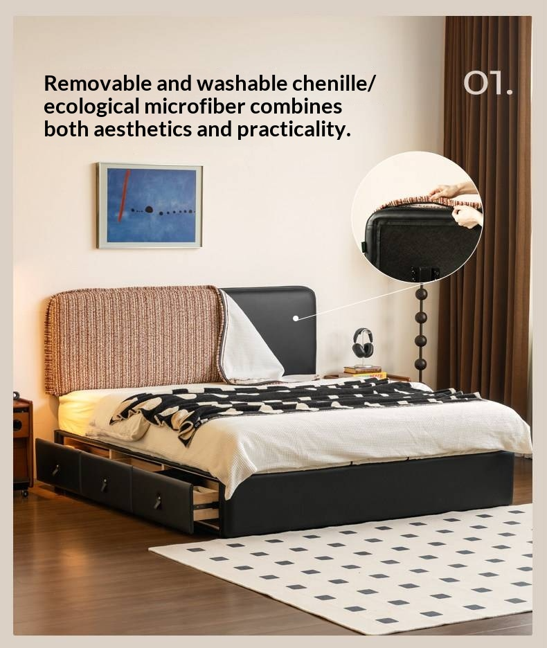 Terracotta Corduroy Storage Bed with Adjustable Headboard and Black Faux Leather Base