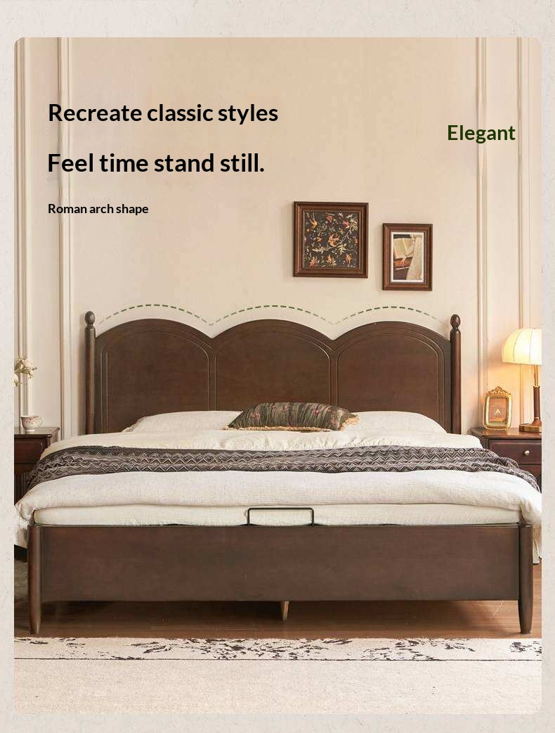 Poplar Solid Wood Bed with French Retro Style and Large Off-the-Floor Box Design