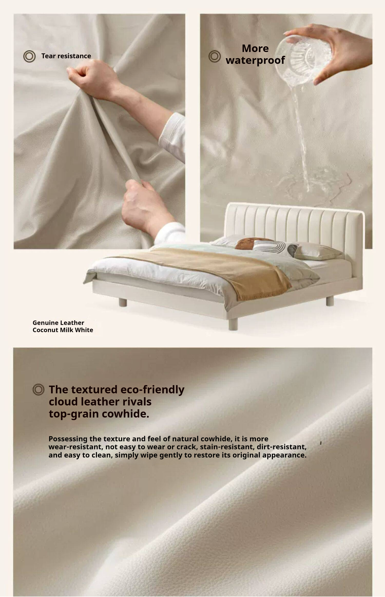 Oak,Rubber Wood Solid Wood Cream Suspended Genuine Leather Technology Fabric Soft Wrapped Bed