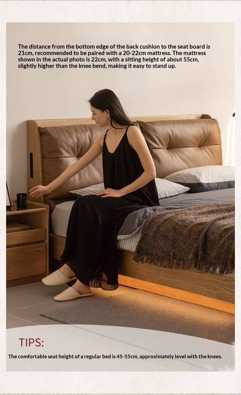 Ash Solid Wood Genuine Leather Upholstered Storage Bed with Electric Lift and LED Lighting