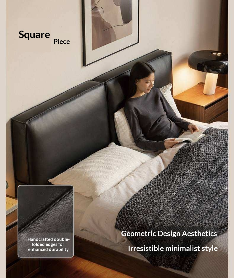 Black Walnut Solid Wood Box Bed — Italian Light Luxury, Genuine Leather Upholstered Headboard