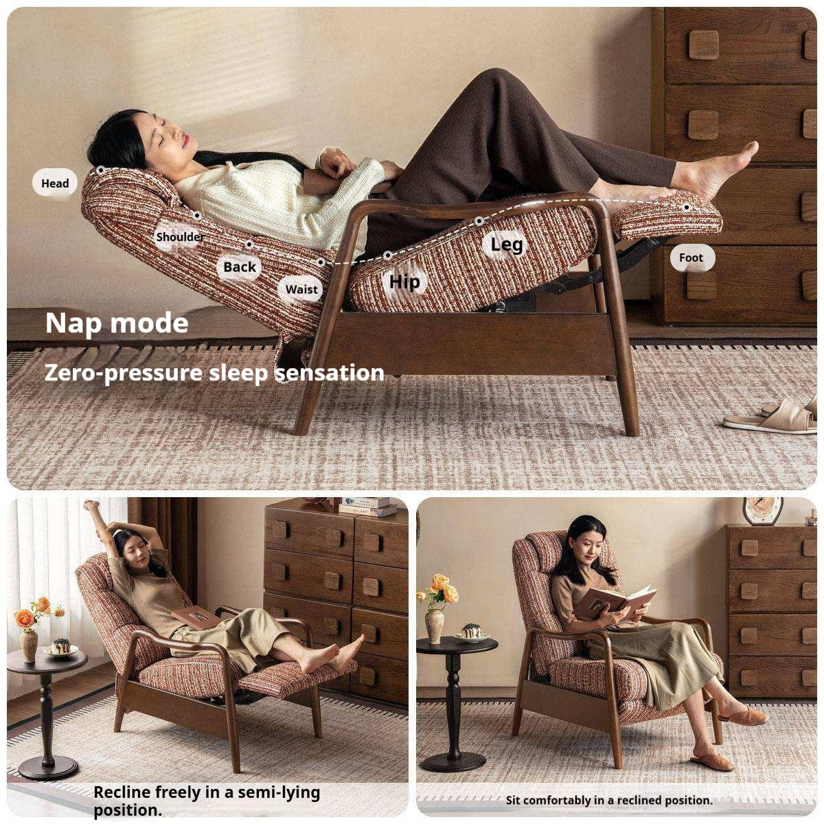 Ash Solid Wood Recliner Chair, Adjustable Upholstered Lounge Chair with Removable Washable Cover