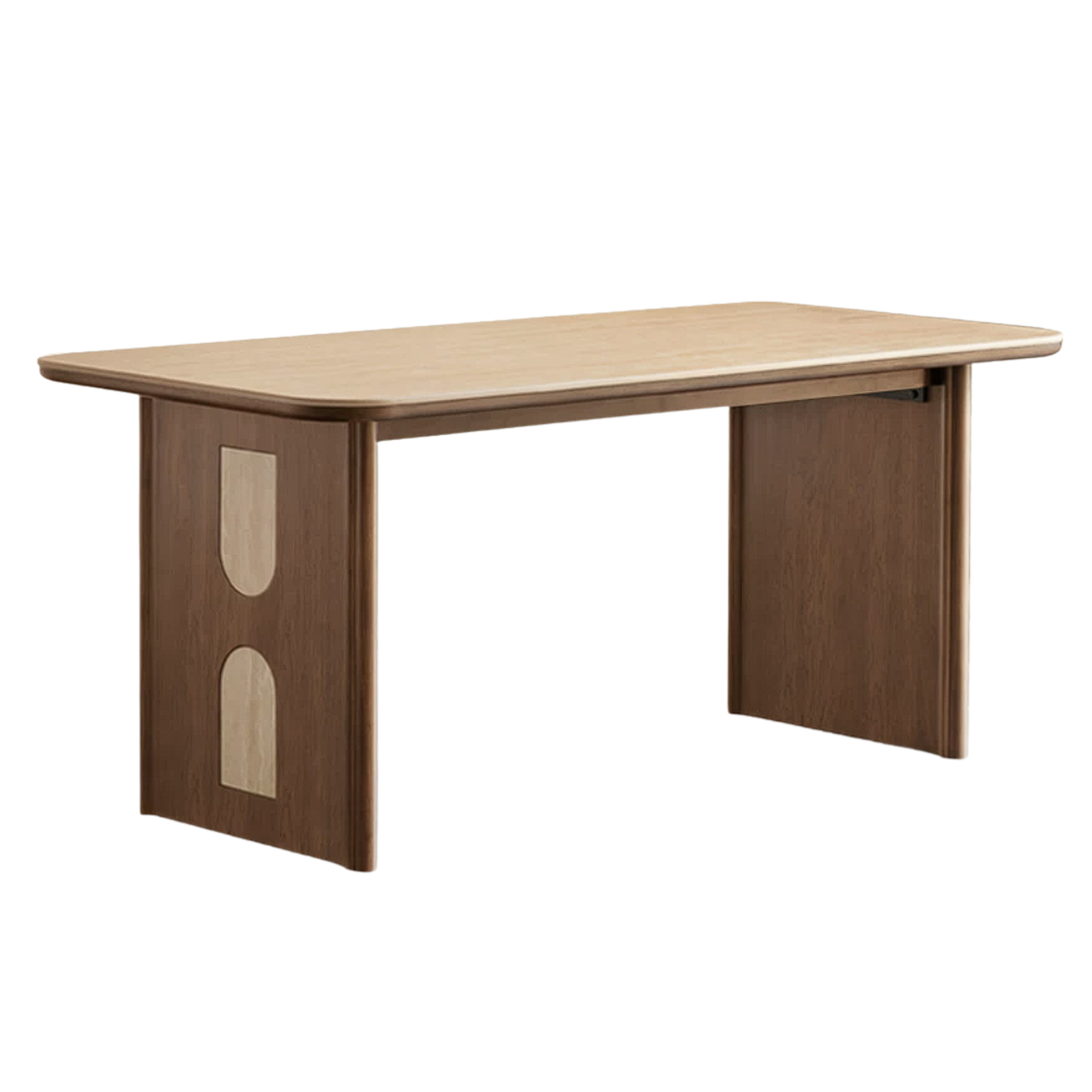 Black Walnut, Golden Sandalwood Solid Wood Dining Table with Arched Cutout Panel Legs and Two-Tone Inlay