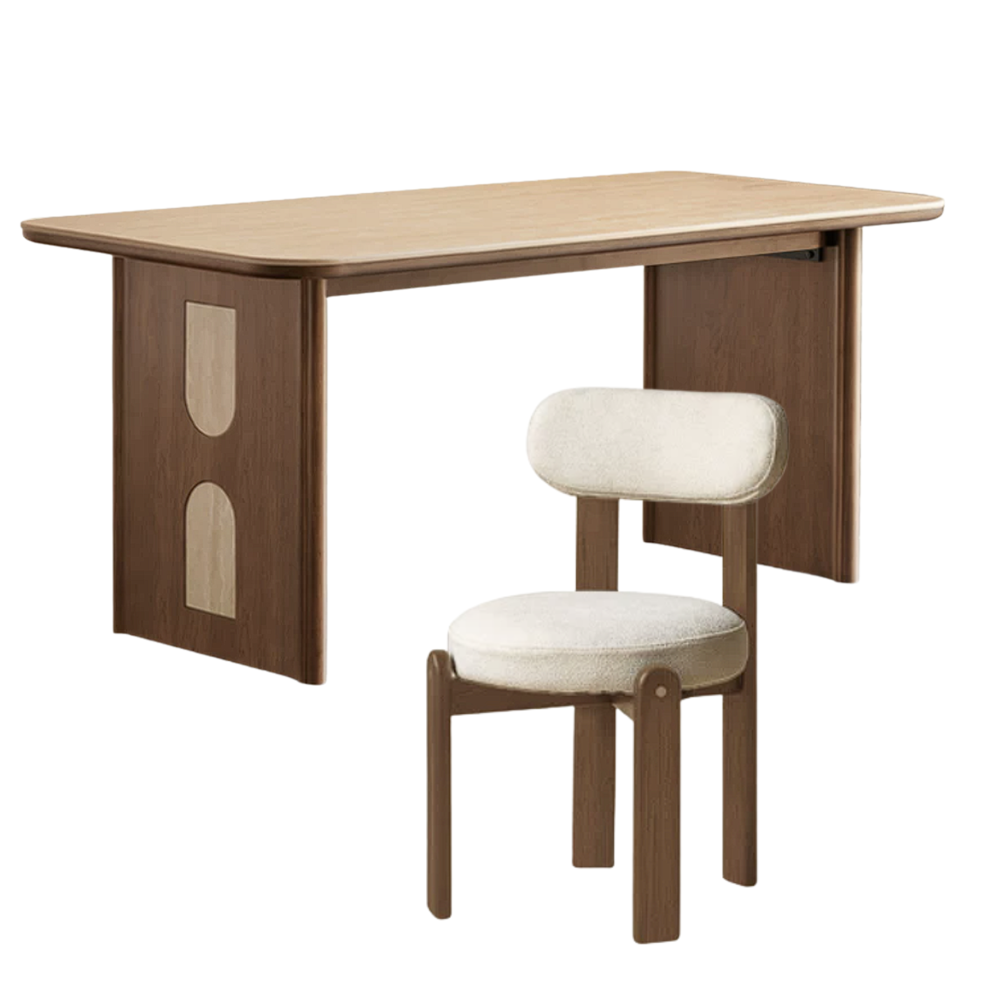 Black Walnut, Golden Sandalwood Solid Wood Dining Table with Arched Cutout Panel Legs and Two-Tone Inlay