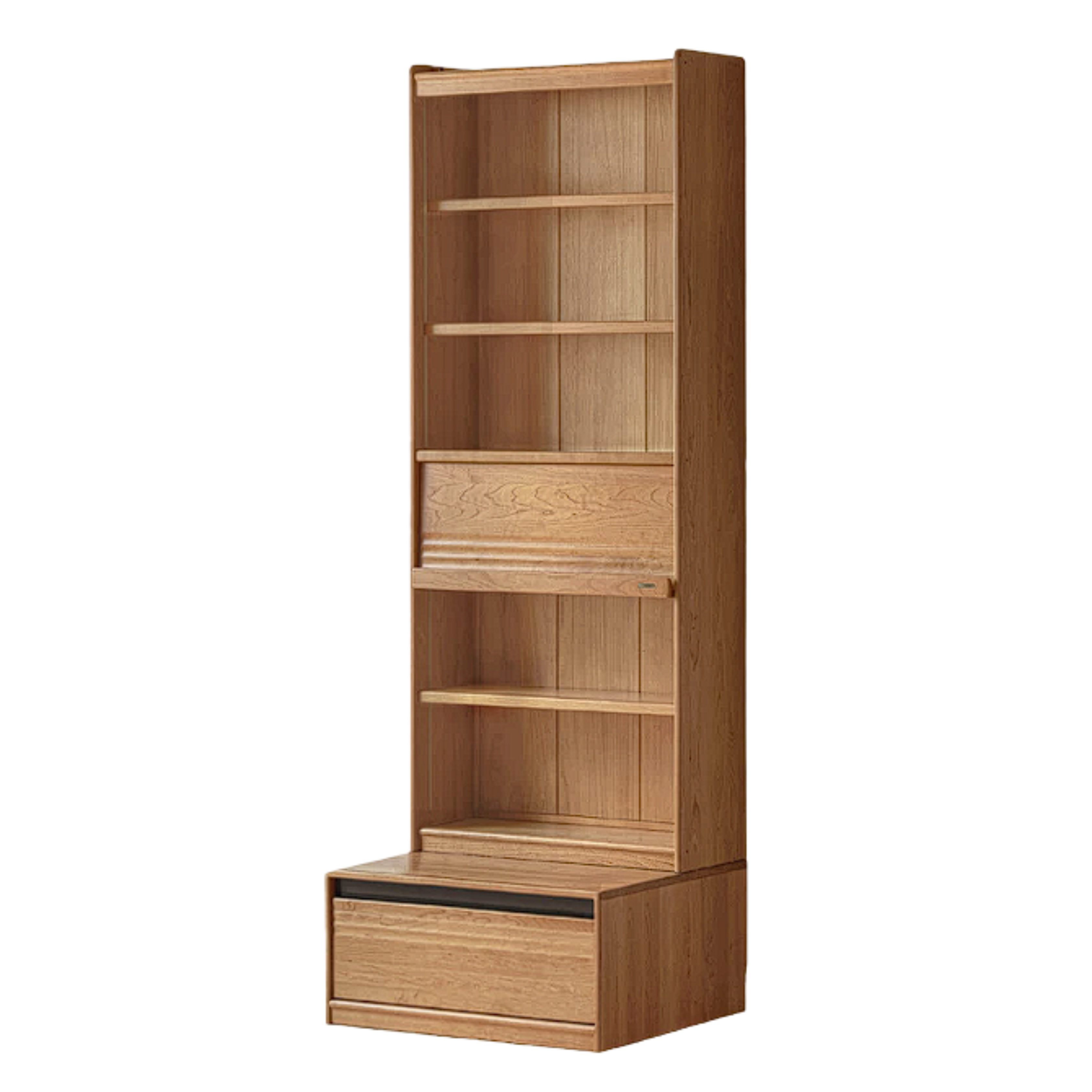 Cherry Solid Wood Bookcase with Wall Integration and Floor Storage Cabinet