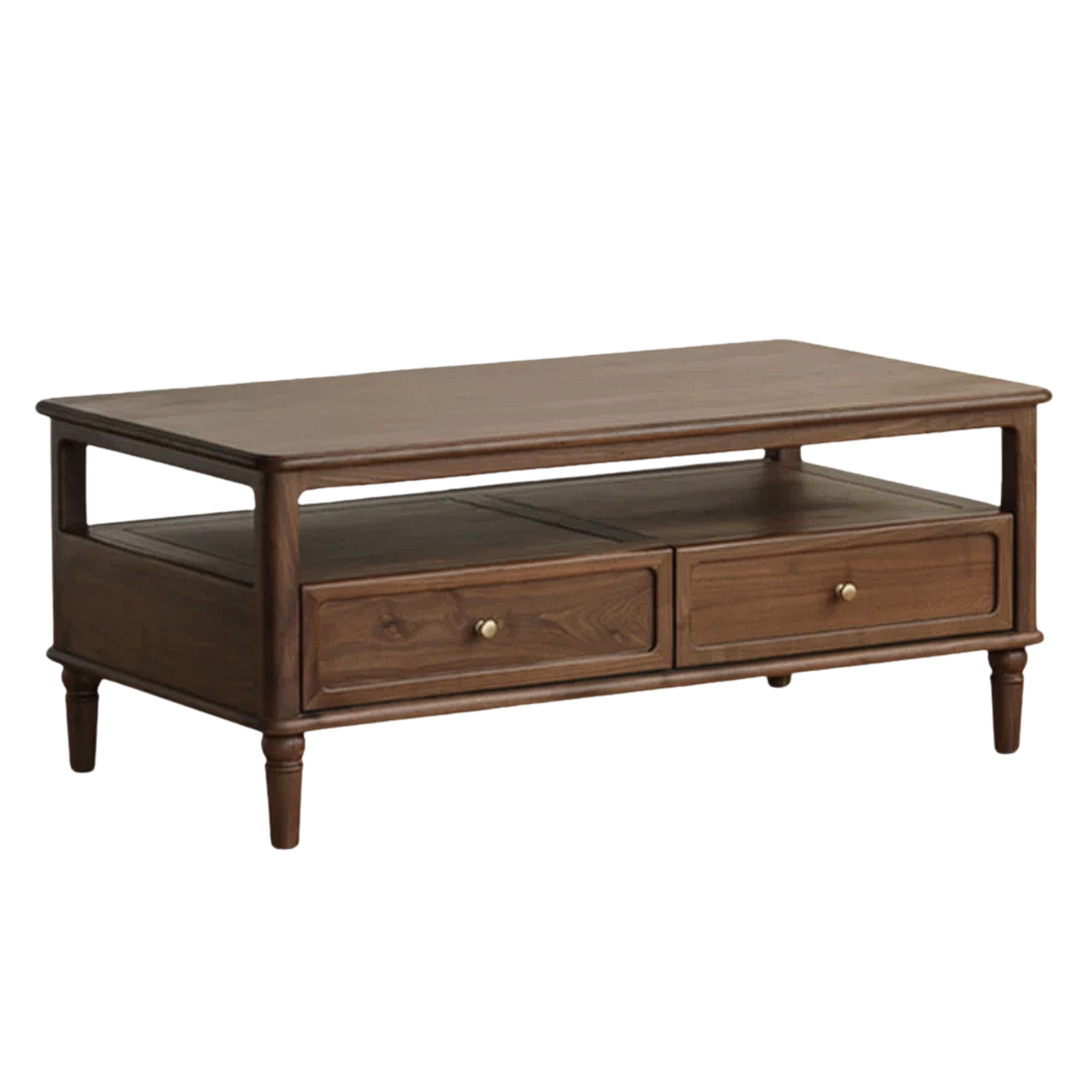 Black Walnut, Ash Solid Wood Coffee Table with Two Drawers and Open Shelf
