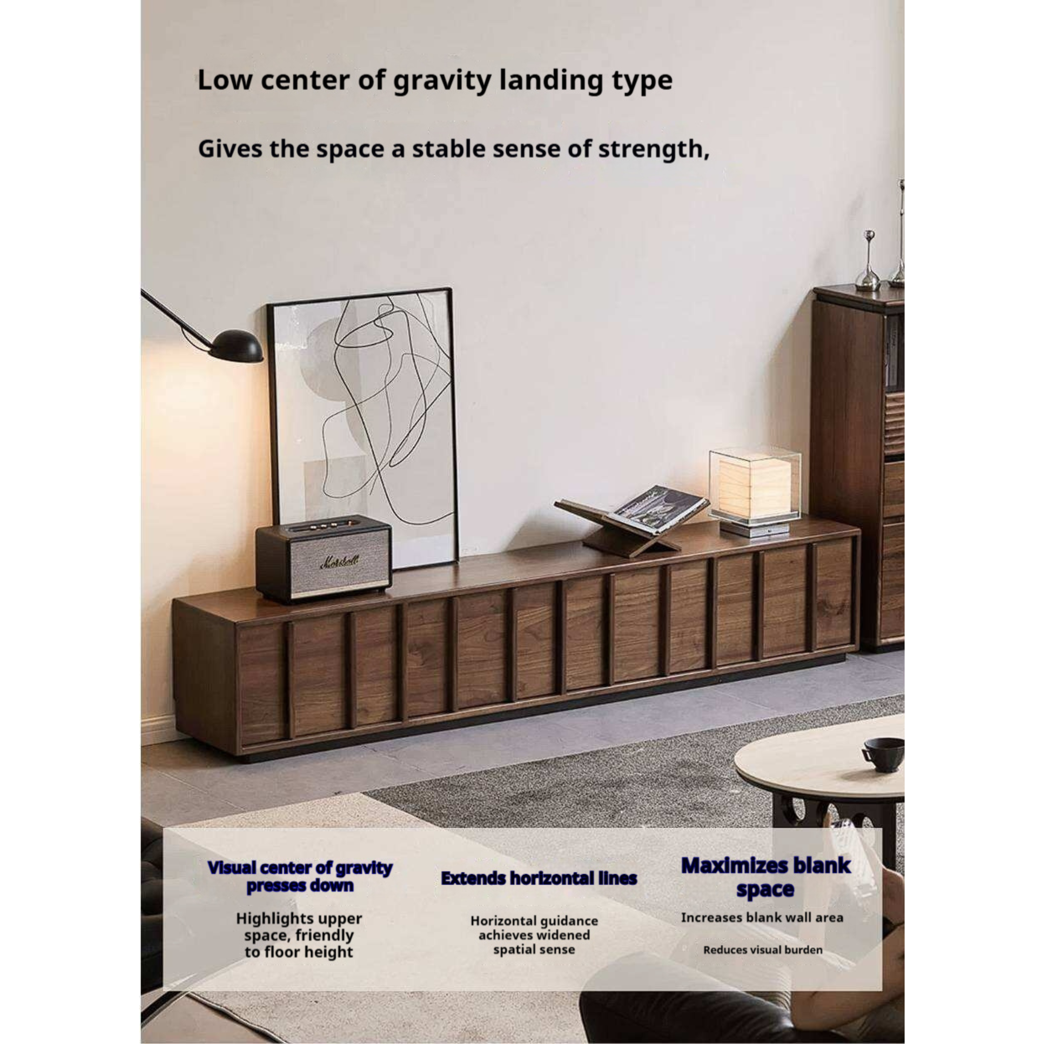 Black Walnut, Oak Solid Wood TV Cabinet with Low Platform Design and Storage