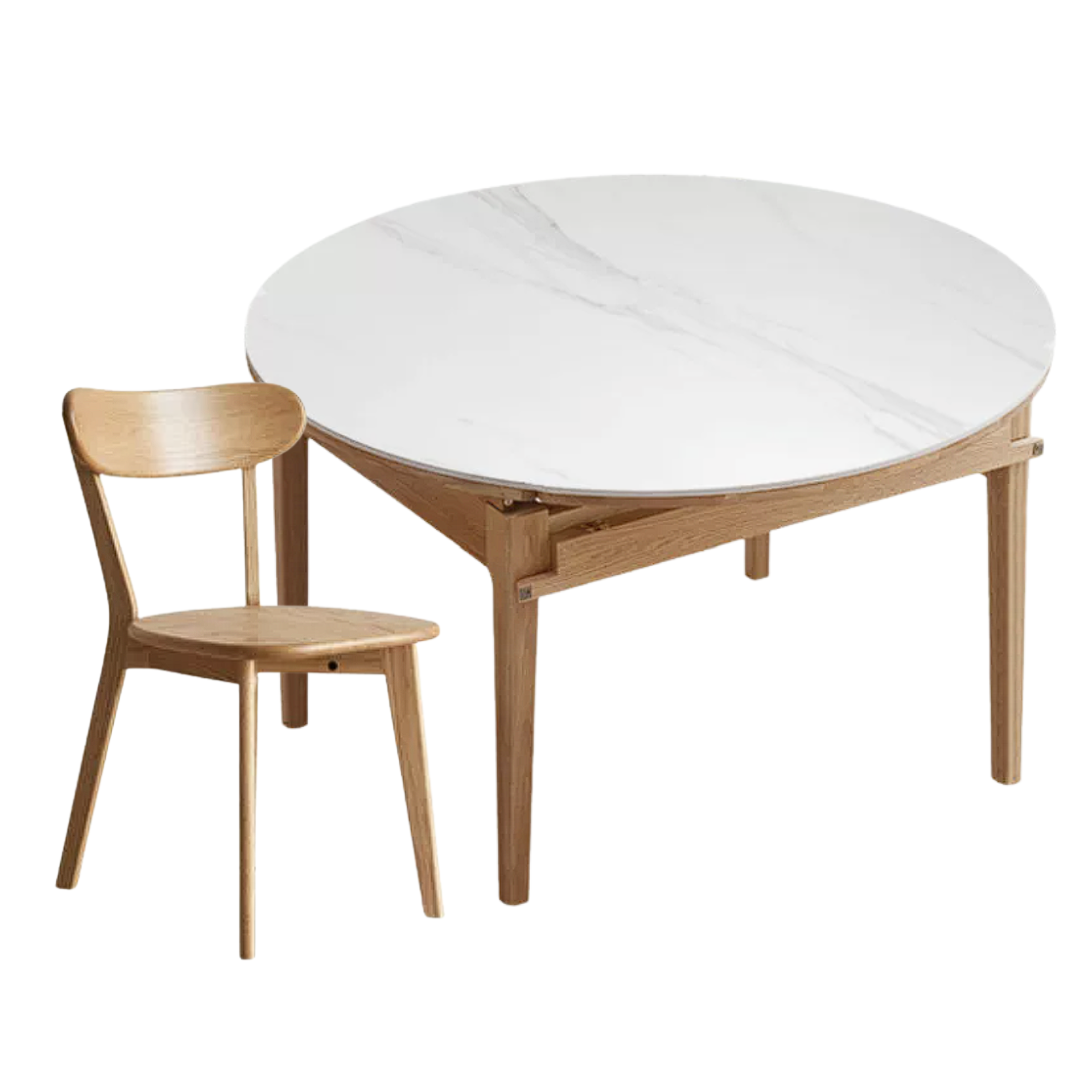 Oak, Solid Rubberwood Round Folding Dining Table With Rock Slab Surface