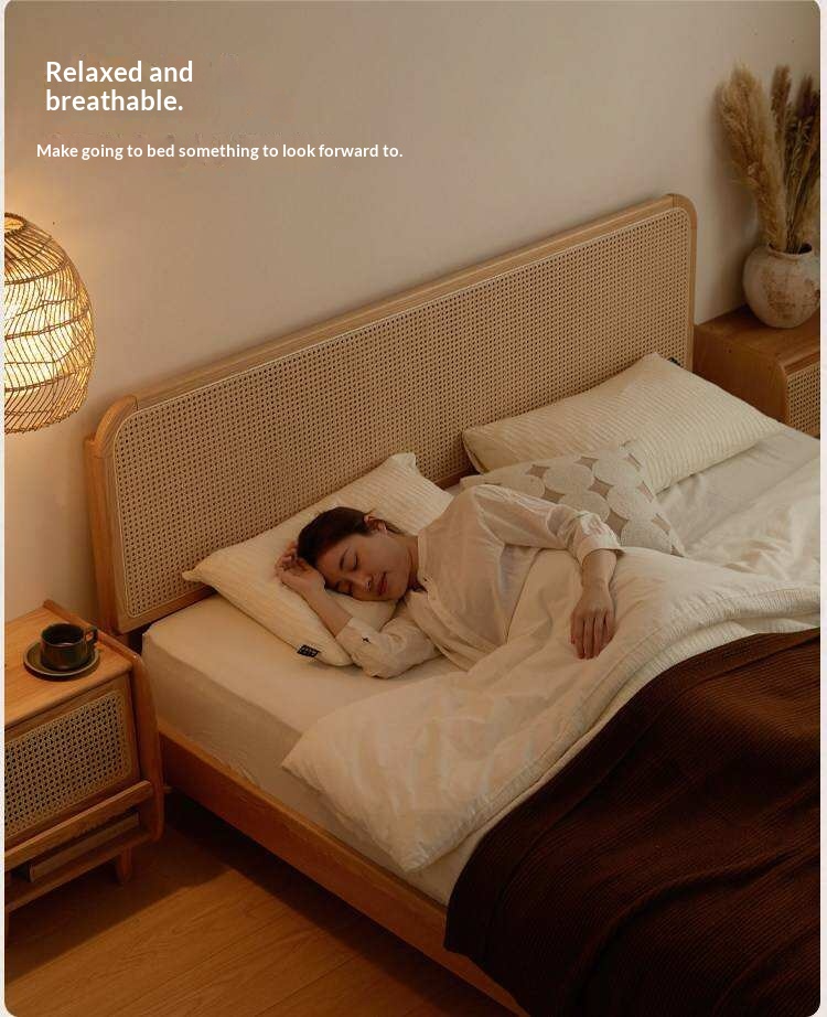 Oak Solid Wood Platform Bed with Curved Rattan Headboard