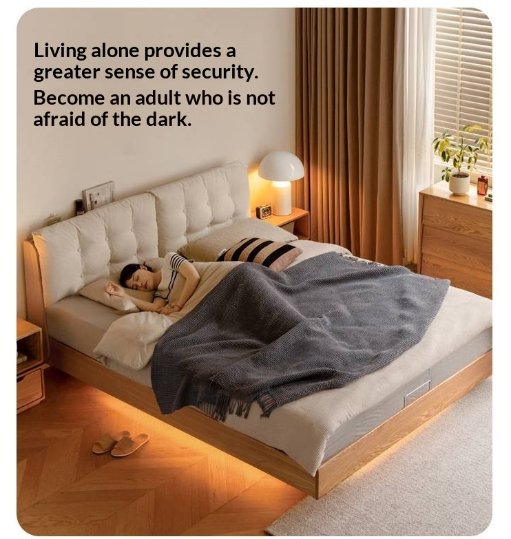 Oak Solid Wood with Upholstered Headboard Luminous Box Bed Cream Style