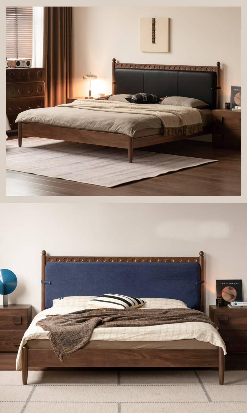 Black Walnut Solid Wood Bed — French Retro Style with Soft Backrest and Genuine Leather Upholstery