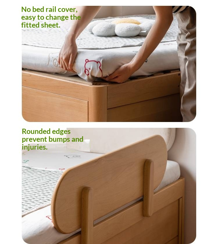 Beech, Rubberwood Solid Wood Kids’ Bed with Guardrail, Platform Bed, Headboard-Free Bed