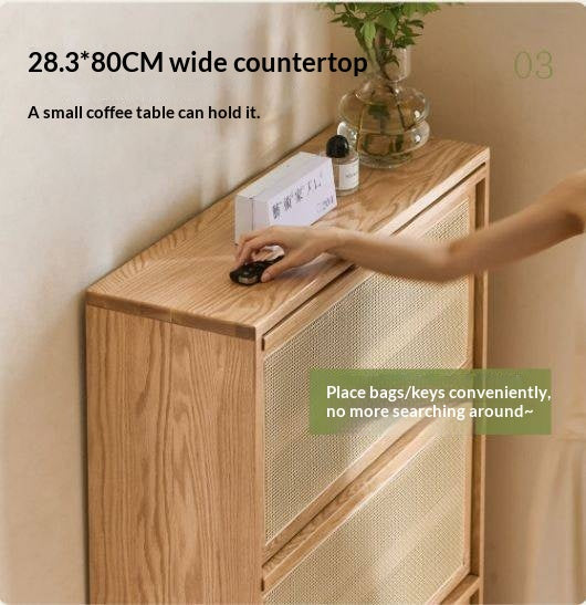 Oak Solid Wood Shoe Cabinet with Modern Minimalist Flip Door, Rattan Accents