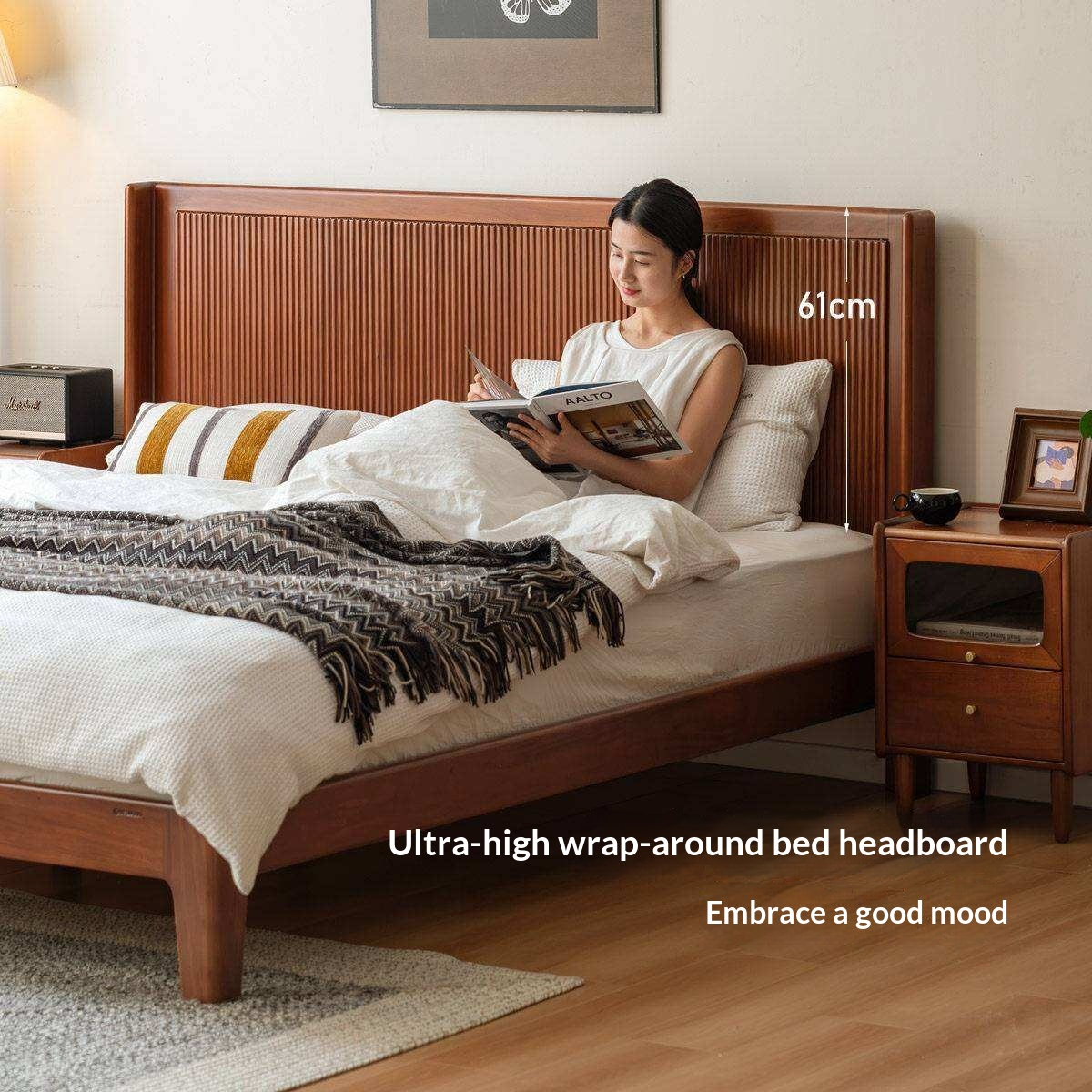 North American Tulipwood Solid Wood Platform Bed with Reeded Headboard