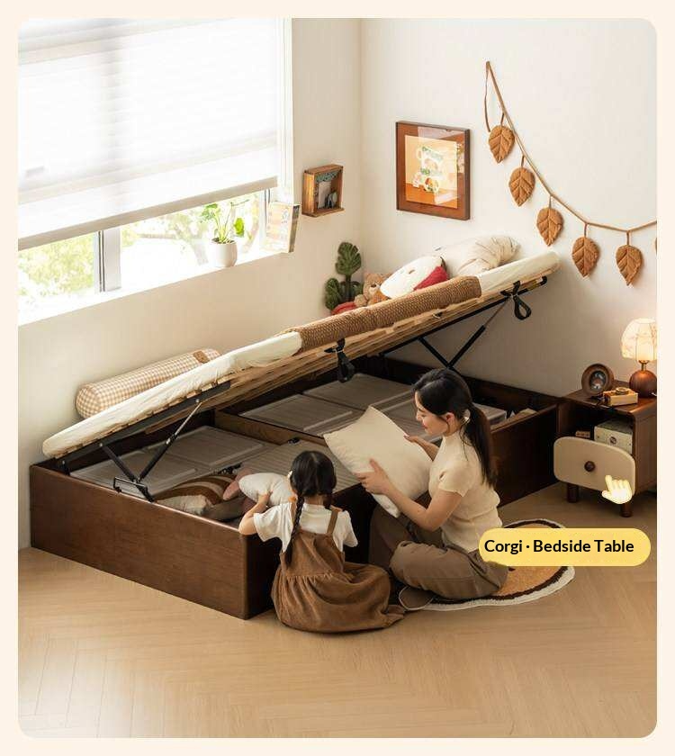 Rubberwood Solid Wood Storage Bed with No Headboard and Side-Opening Lid