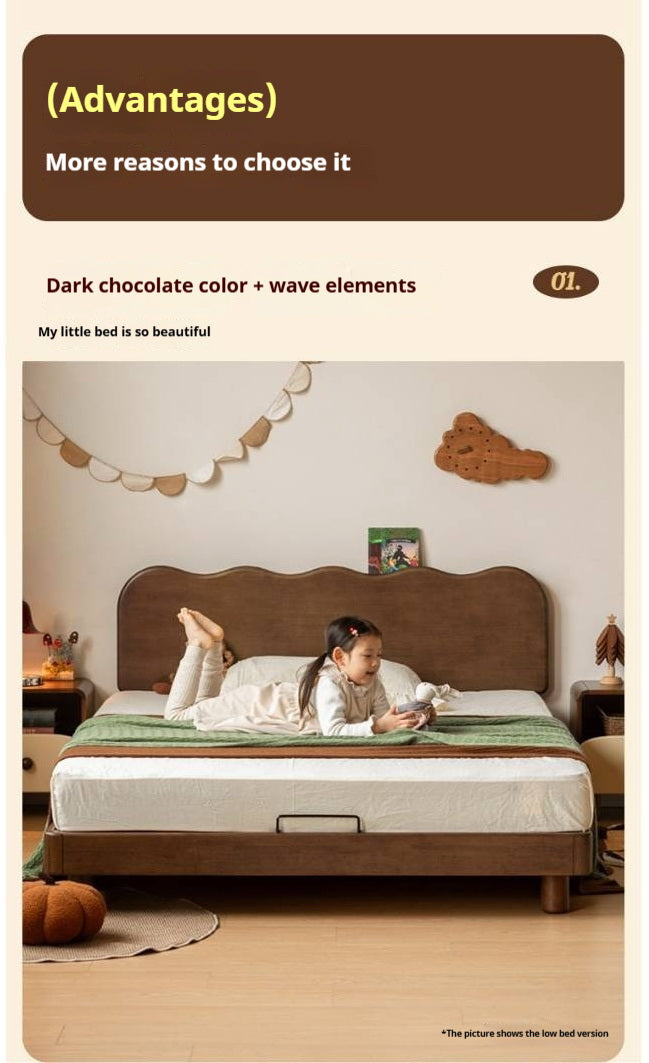 Rubberwood Solid Wood Low Kids Bed with Removable Legs and Adjustable Headboard Height