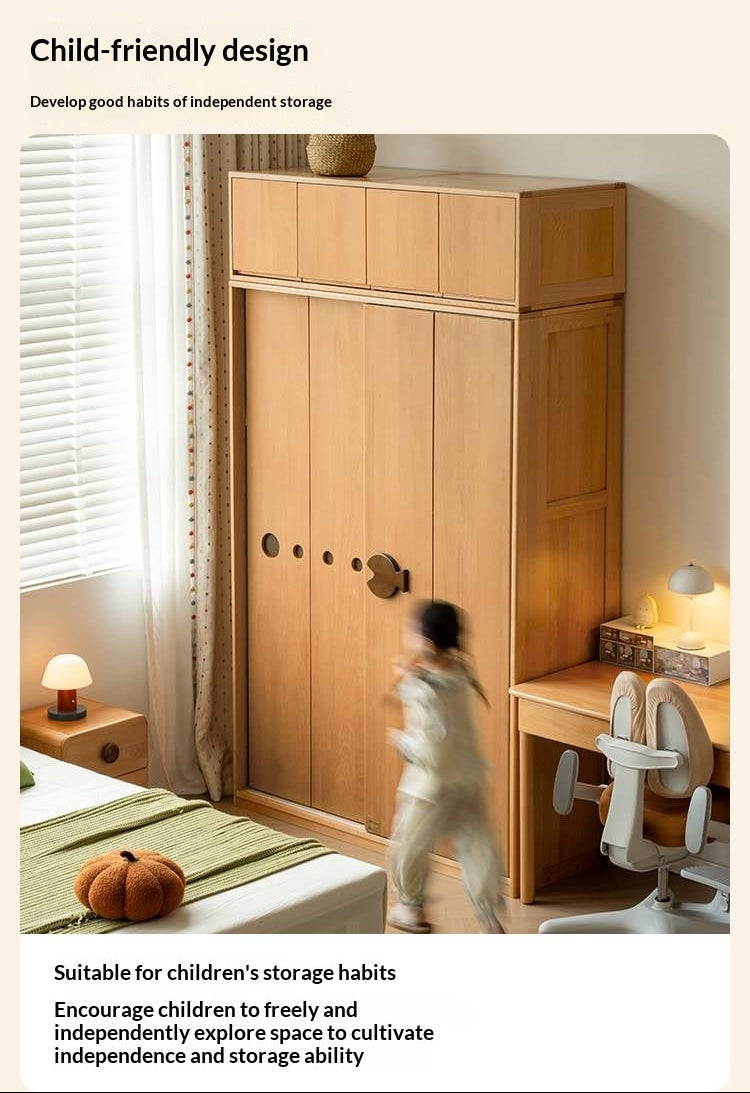 Beech Solid Wood Kids Sliding Door Wardrobe with Adjustable Shelves