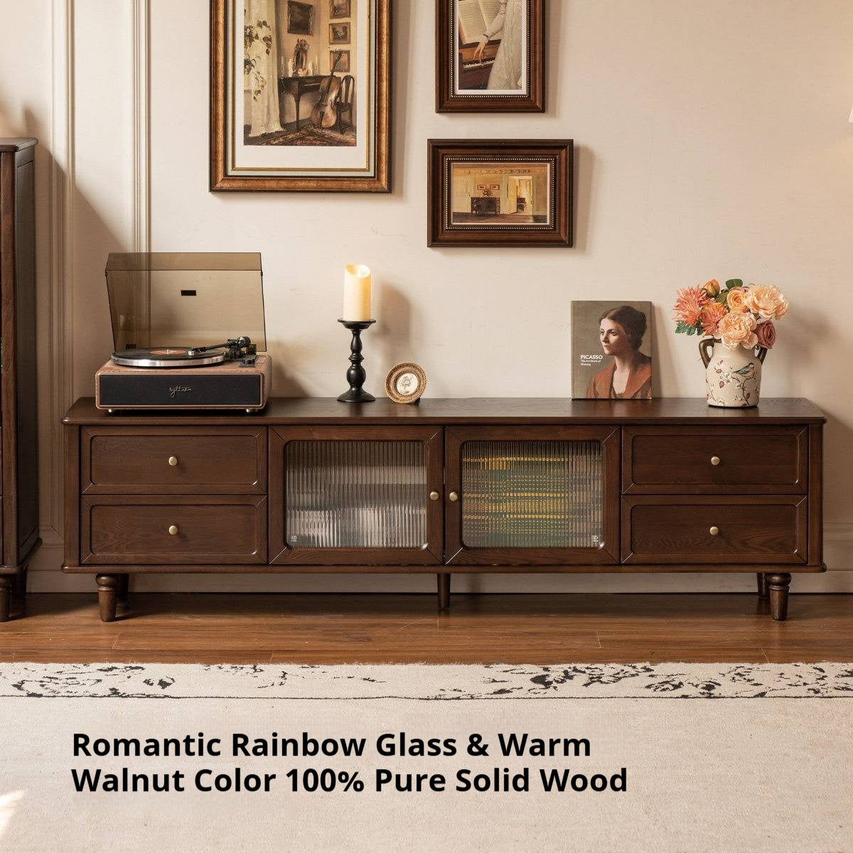 Ash Solid Wood Vintage TV Console with Fluted Glass Doors